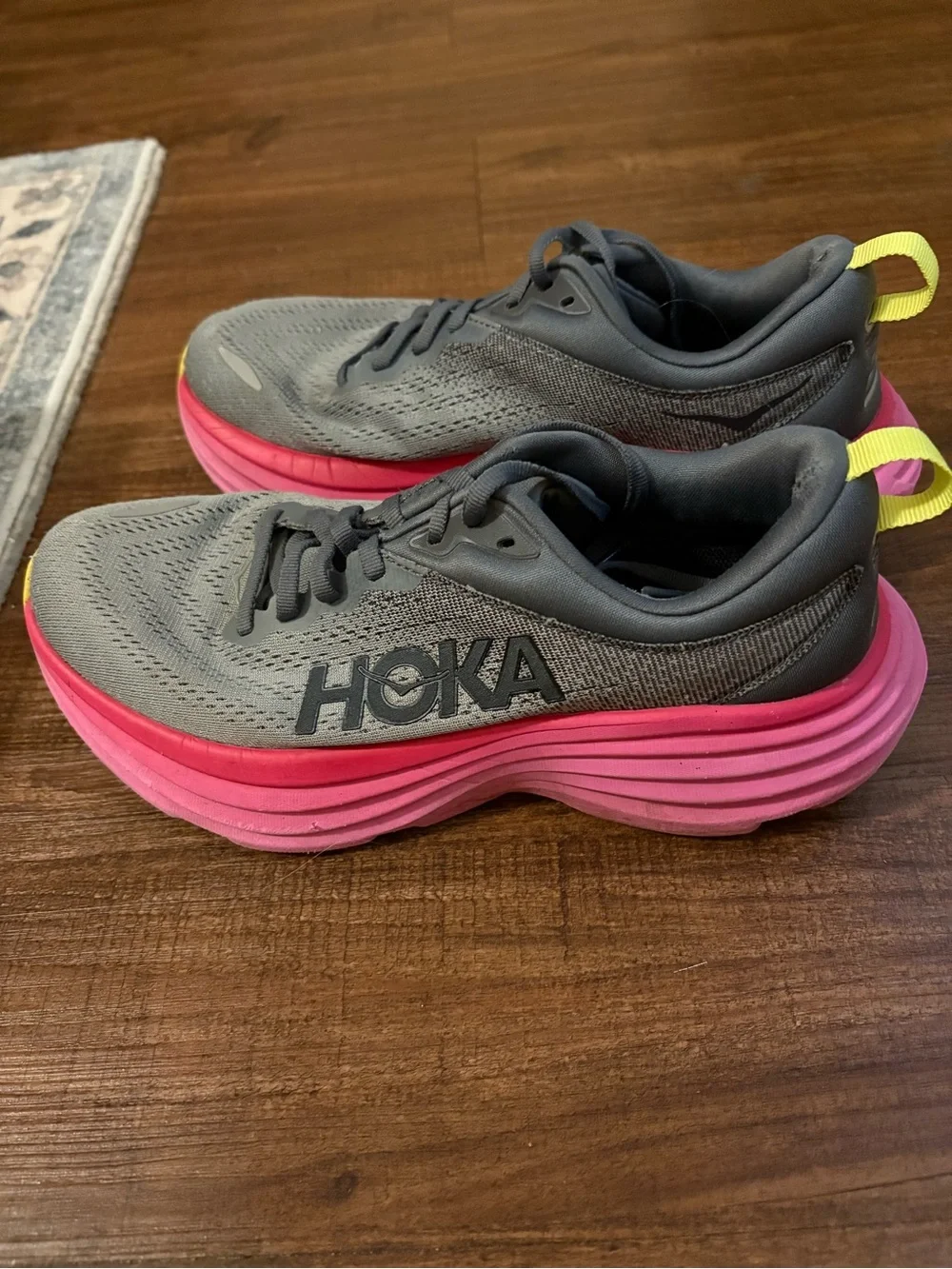 Hoka bondi 8 size 7.5 Dark Gray Running Shoes with Blue Logo Accent
